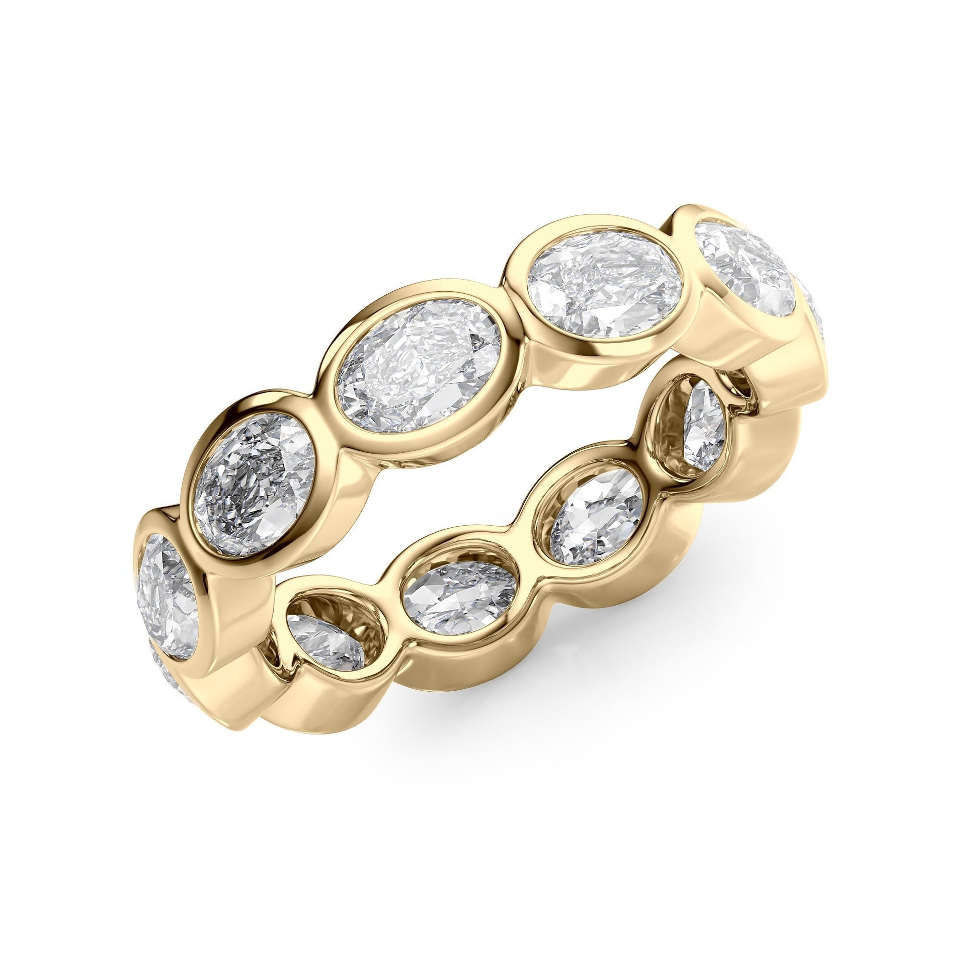 Yellow :: IGI certified 3.3ct oval lab grown diamond east west bezel eternity ring yellow gold full diamond band