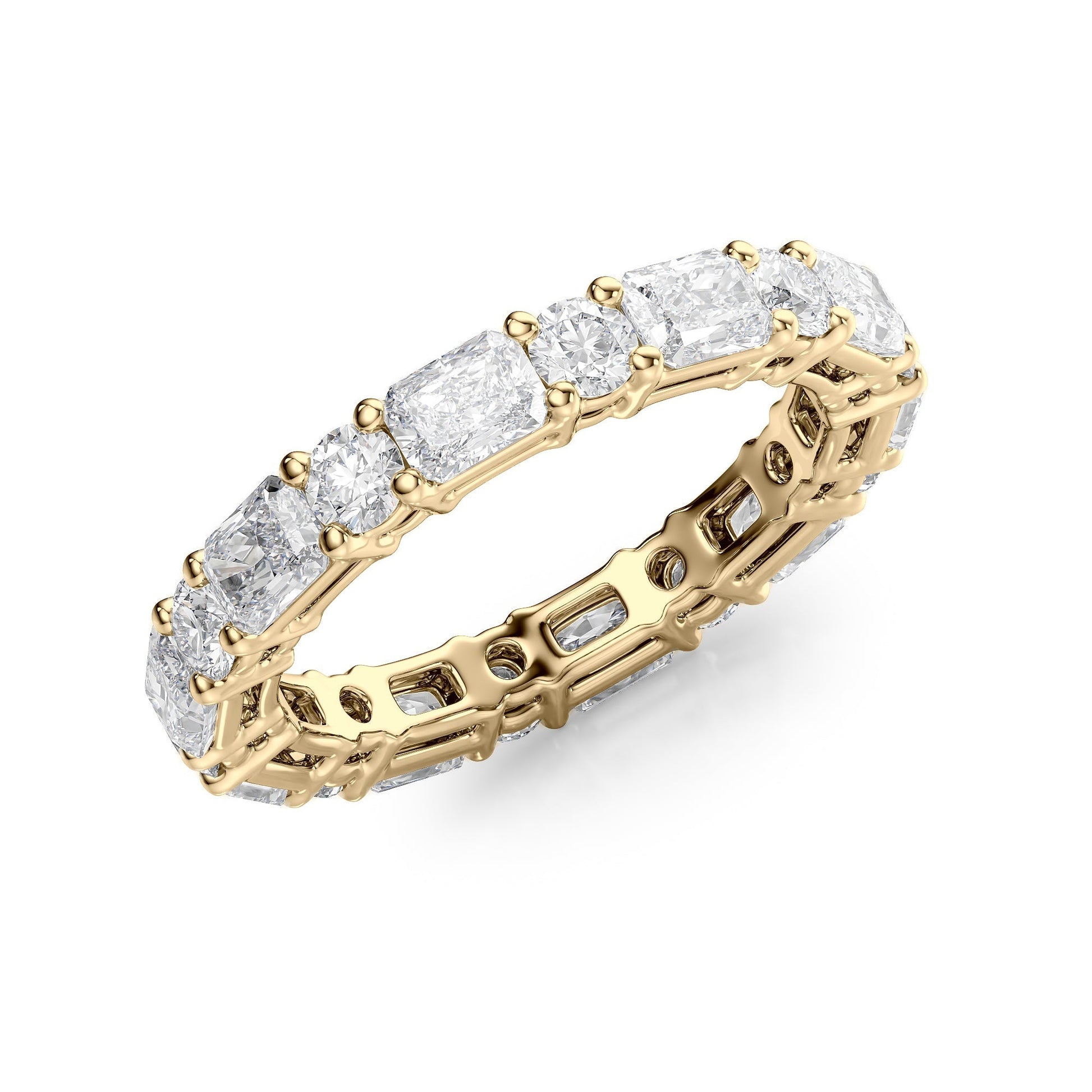 Yellow :: close up 2ct radiant and round lab diamond eternity ring yellow gold brilliant sparkle