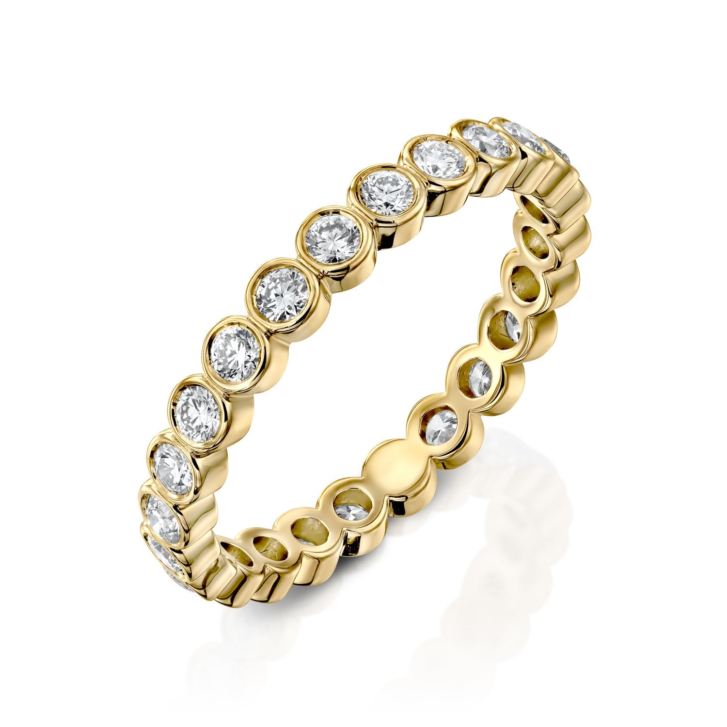 Yellow :: round bezel set lab diamond eternity ring yellow gold wedding band