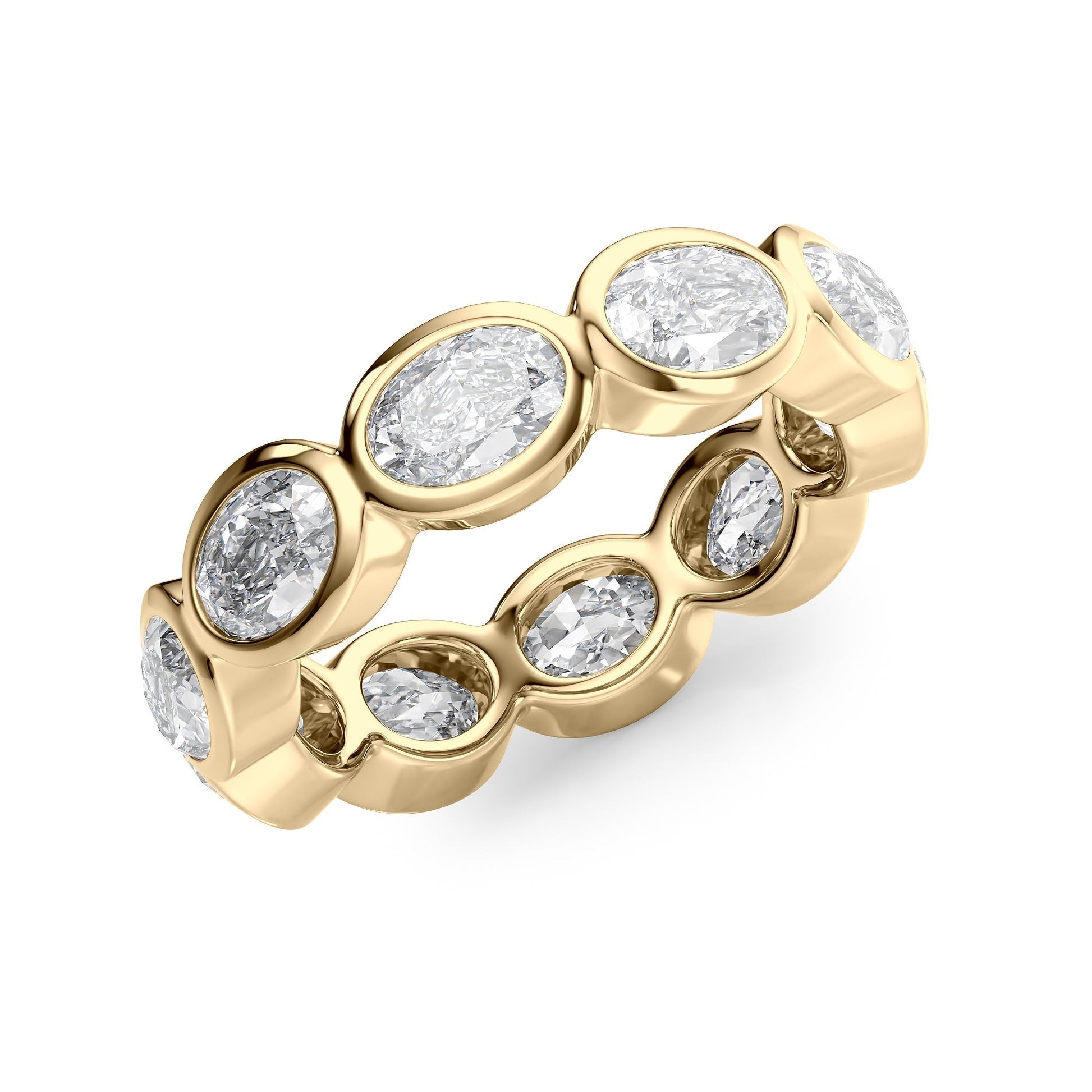 Yellow :: close up 4ct oval east west bezel lab diamond eternity ring yellow gold smooth finish