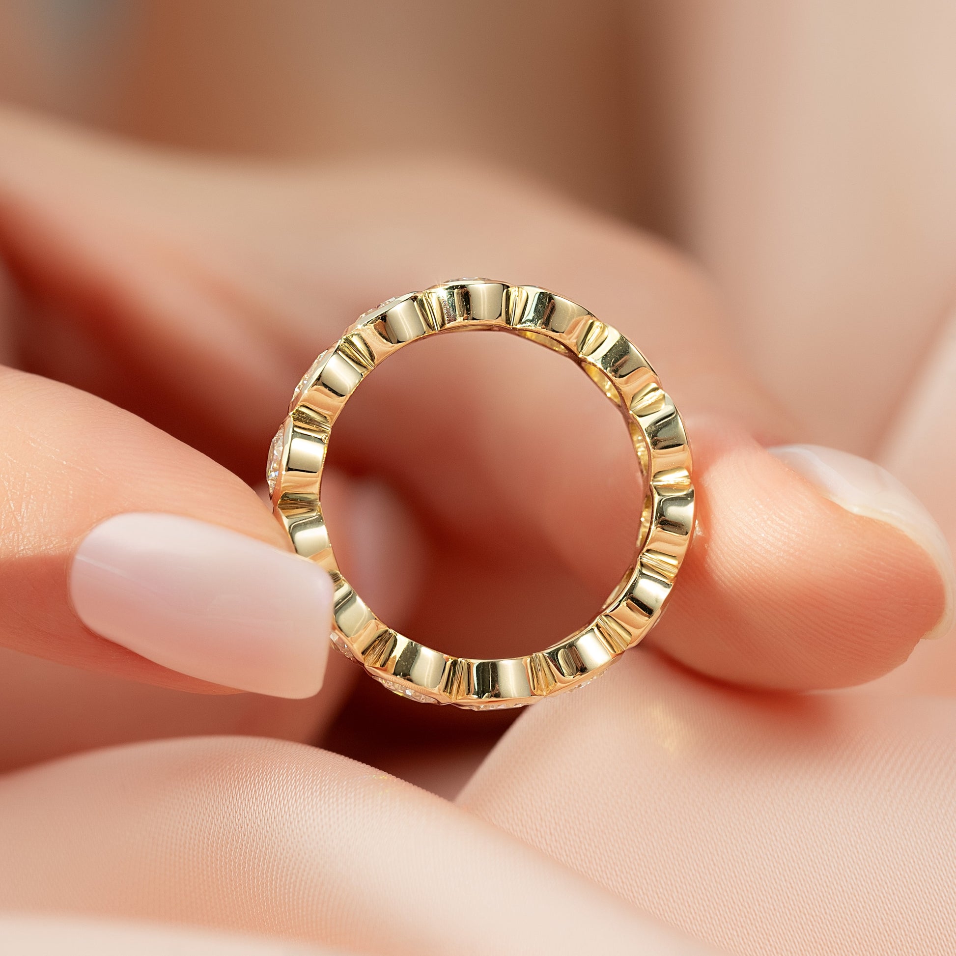 Yellow :: close up 3.5ct round bezel lab diamond eternity ring yellow gold bold sparkle