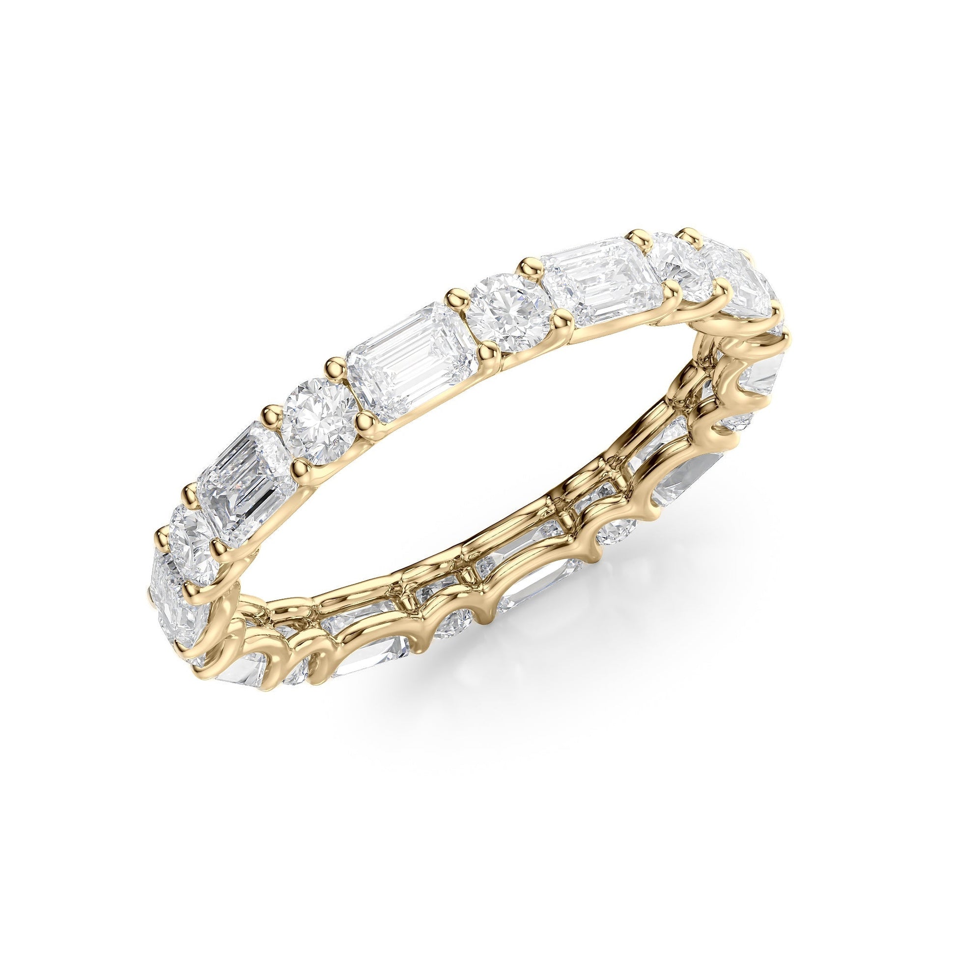 Yellow :: close up 2.6ct alternating emerald and round lab diamond eternity ring yellow gold bold sparkle