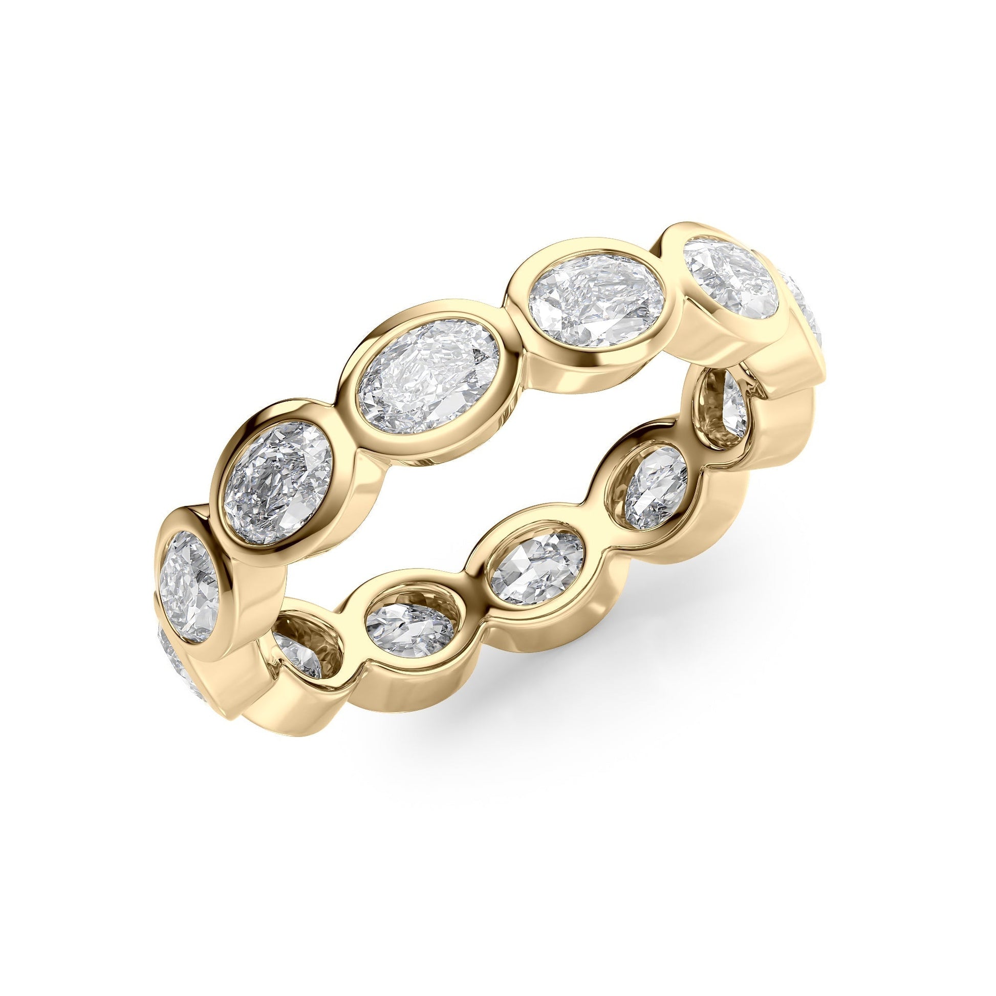 Yellow :: close up 2.4ct oval east west bezel lab diamond eternity ring yellow gold smooth finish