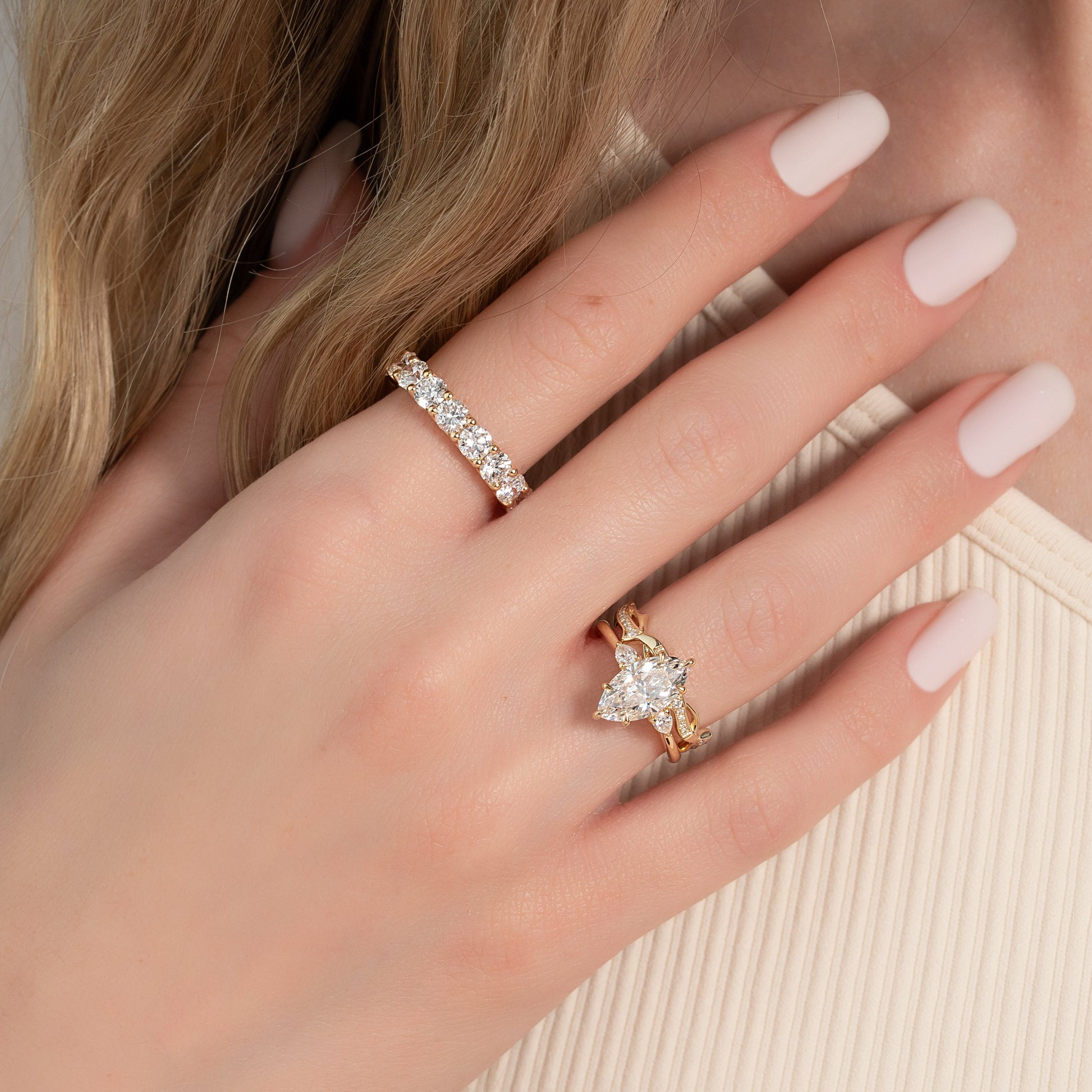 Yellow :: close up 4ct round u prong lab diamond eternity ring yellow gold maximum sparkle
