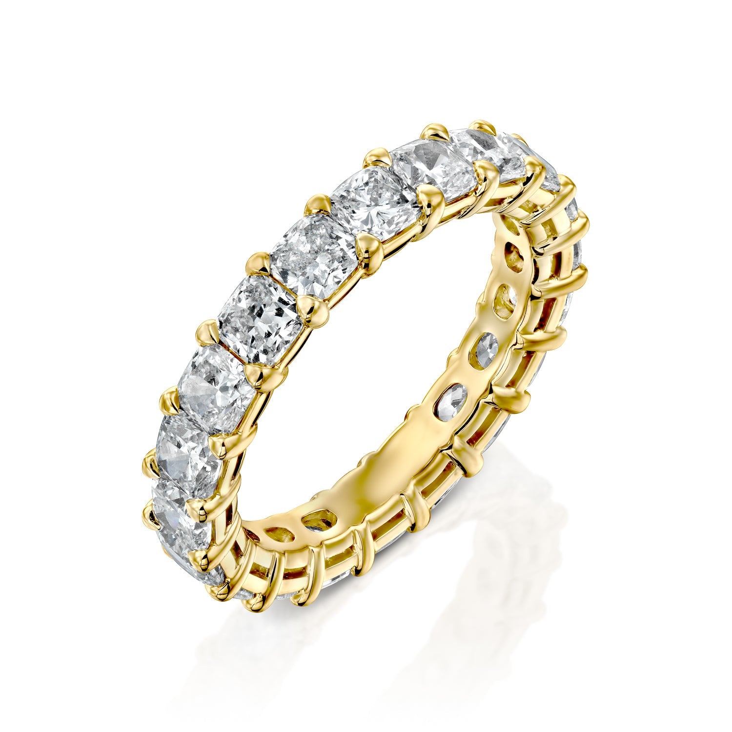Yellow :: close up 3ct cushion lab diamond eternity ring yellow gold soft sparkle