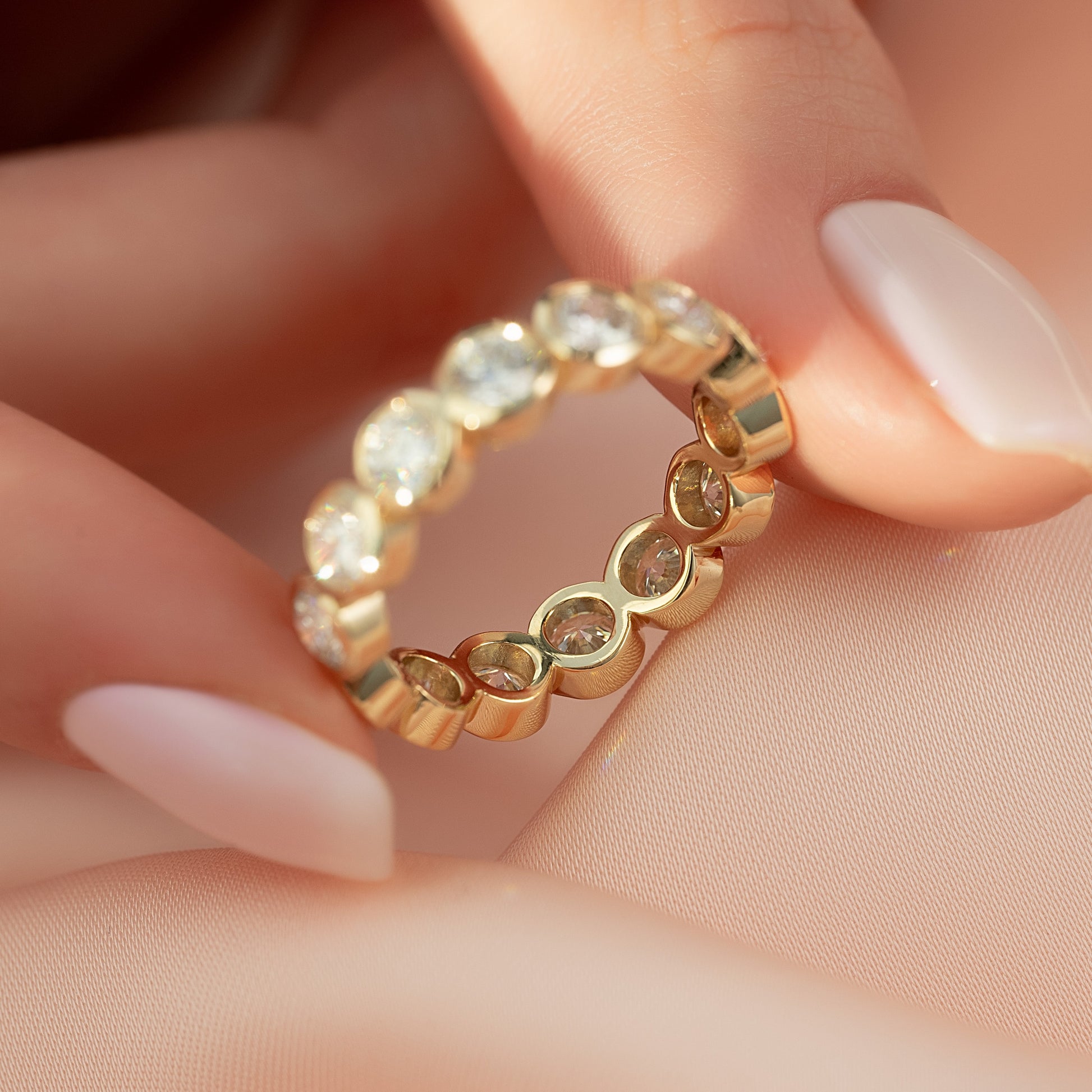 Yellow :: premium 3.5ct round bezel lab diamond eternity ring yellow gold high luxury statement band