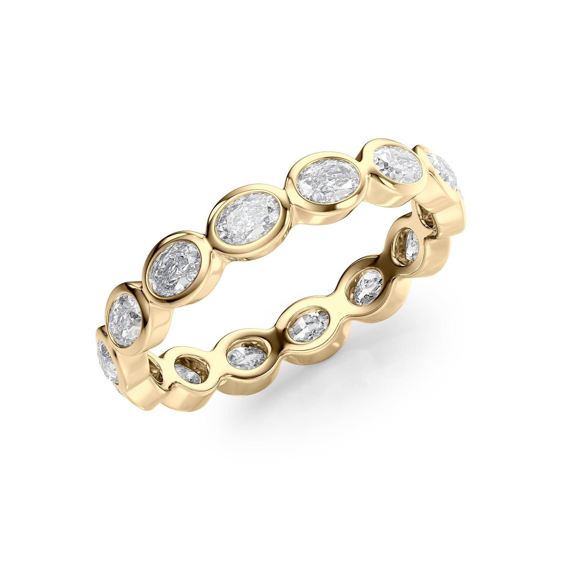 Yellow :: classic 1.4 carat oval east west bezel lab grown diamond eternity ring yellow gold minimal band