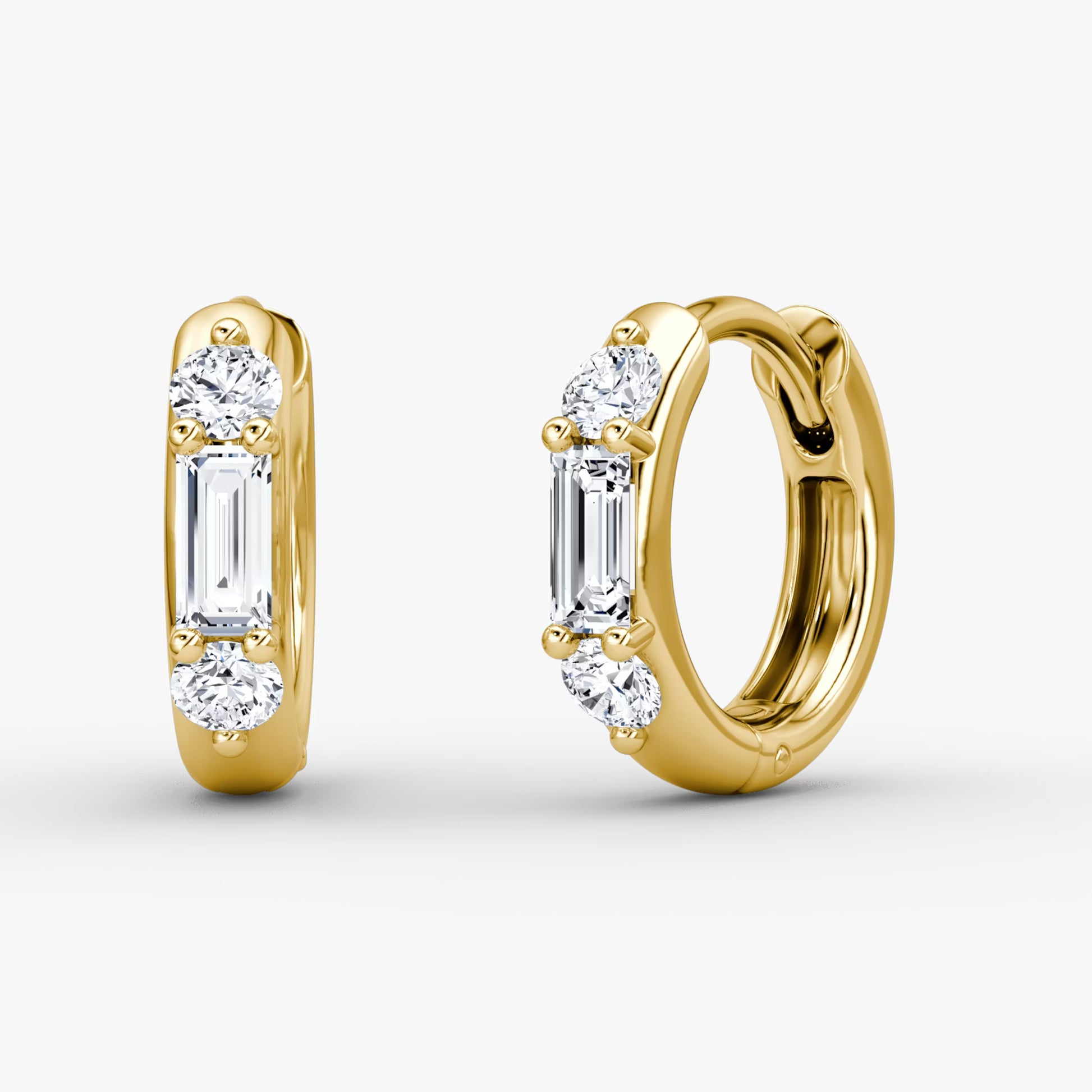 Yellow :: triple stone lab grown diamond huggie earrings white gold refined minimal everyday jewelry