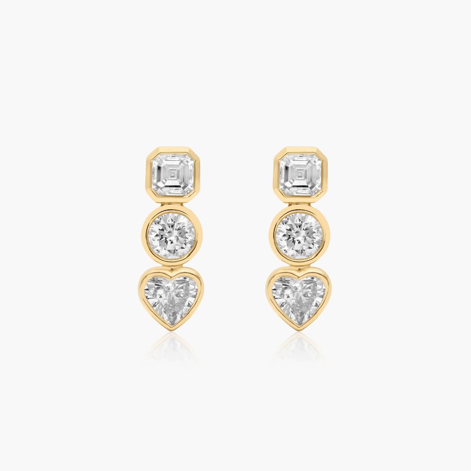Yellow :: premium lab grown diamond stud earrings fancy multi shape bezel design white gold luxury fine jewelry