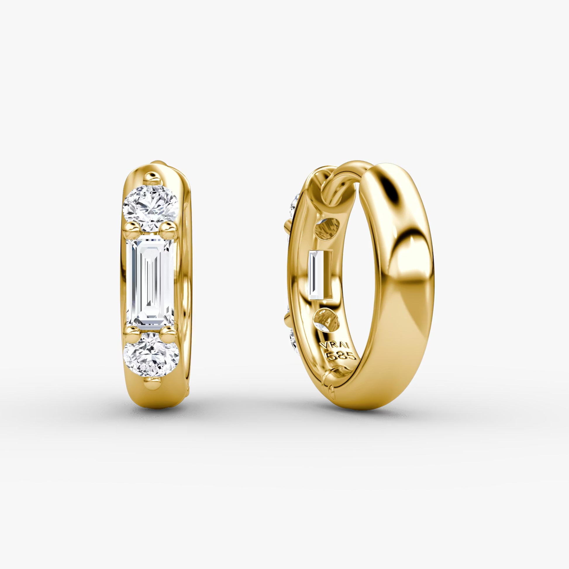 Yellow :: premium lab grown diamond huggie earrings three stone design white gold elegant fine jewelry