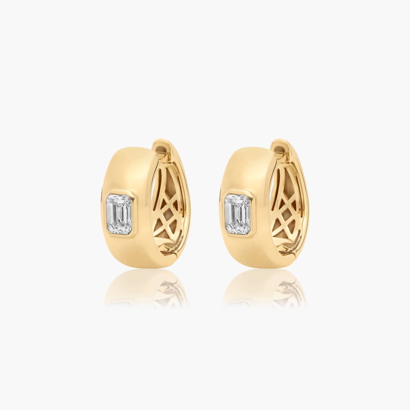 Yellow :: premium emerald bezel lab grown diamond huggie earrings white gold elegant fine jewelry for women