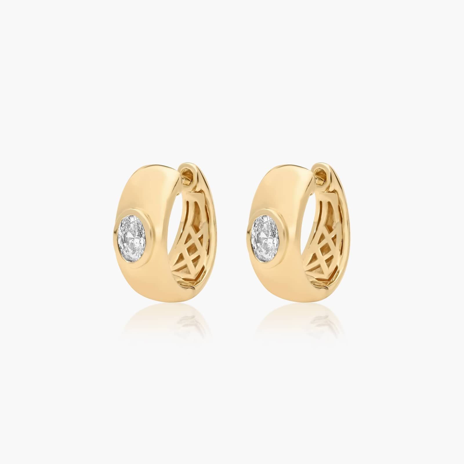 Yellow :: small oval lab grown diamond hoop earrings bezel setting white gold refined circular design