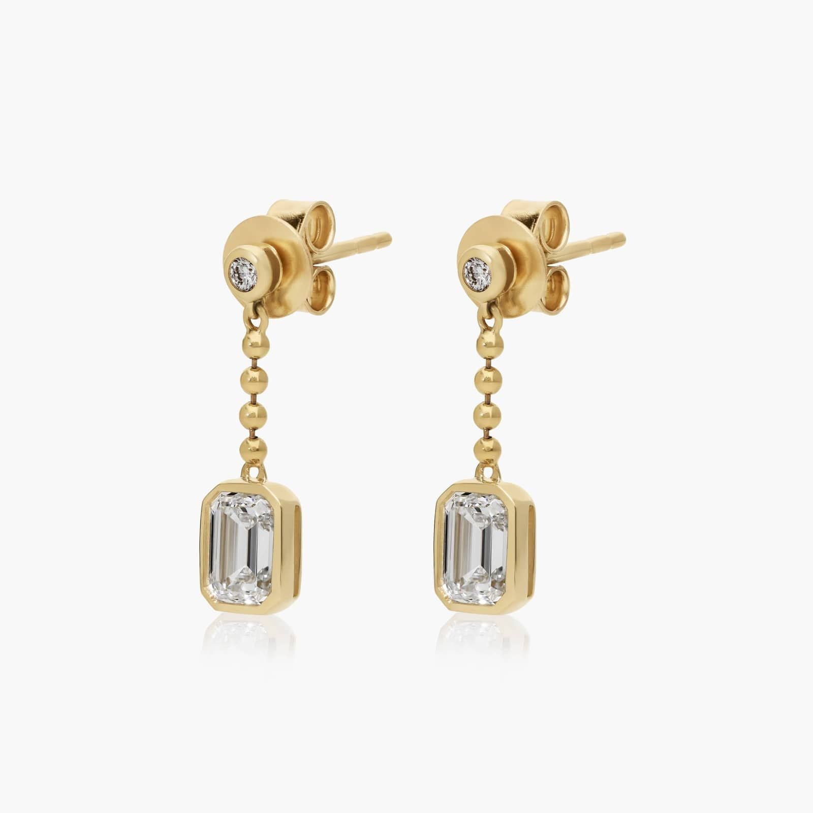 Common :: modern emerald cut bezel lab grown diamond chain drop earrings white gold clean minimal fine jewelry