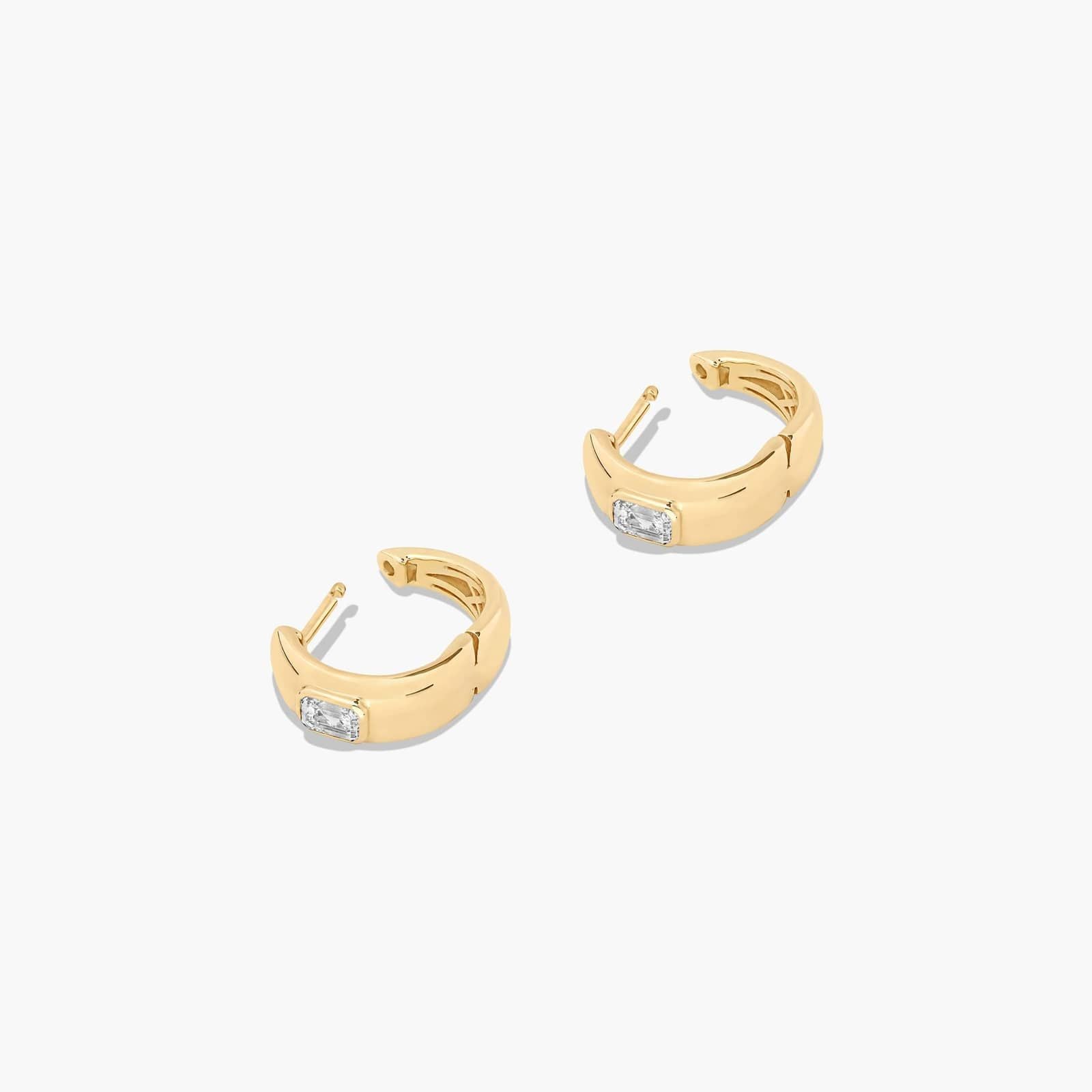 Yellow :: small emerald lab grown diamond hoop earrings bezel setting white gold sleek rectangular design