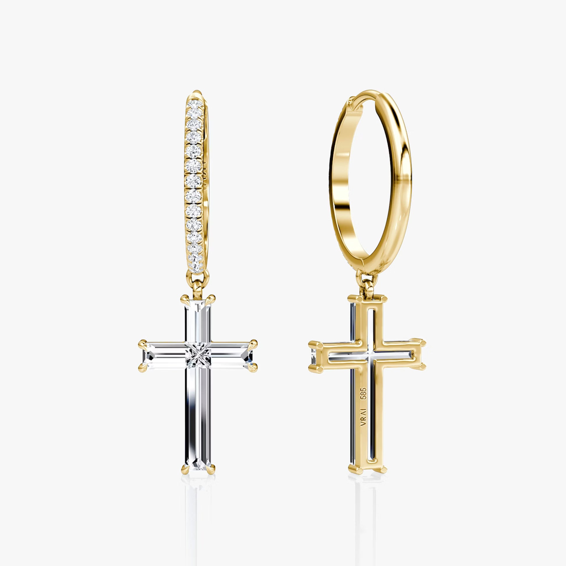 Yellow :: designer cross pave lab grown diamond hoop earrings huggie style white gold modern elegance