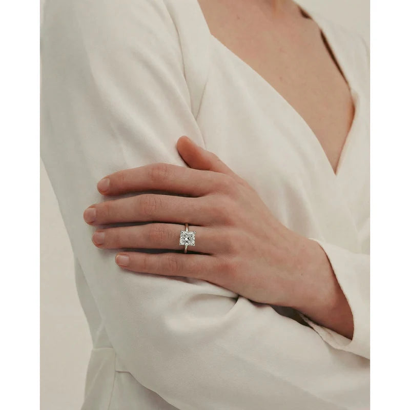 White :: Radiant cut square solitaire lab grown diamond ring modern engagement jewelry