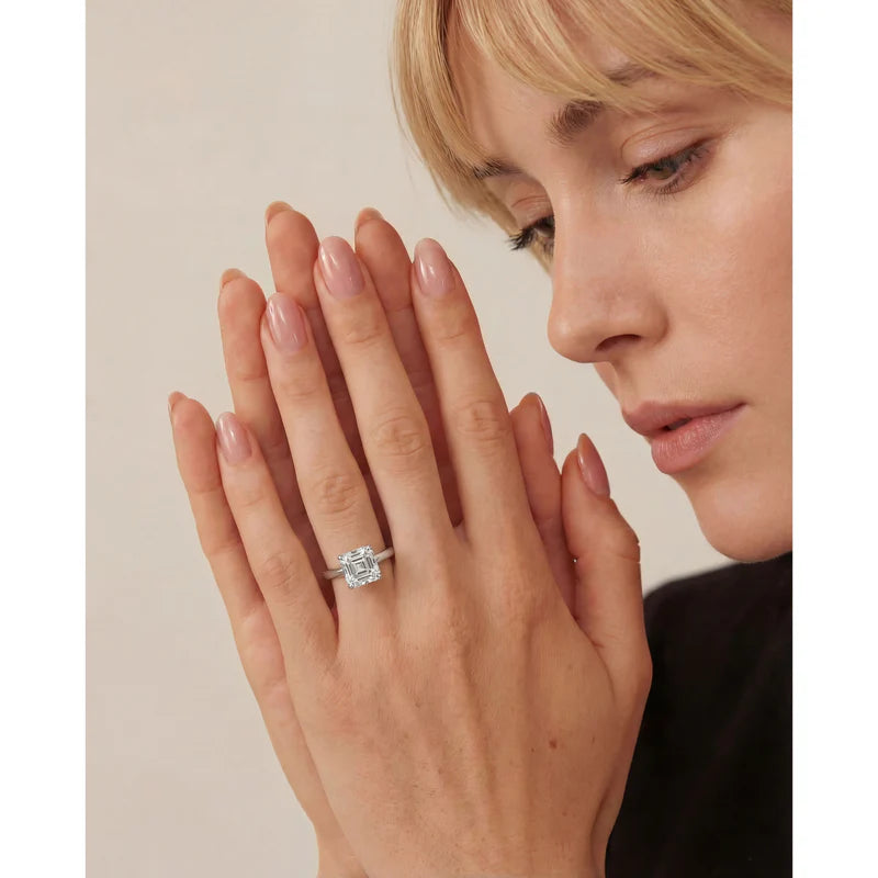 Whie :: Asscher cut lab diamond ring Celestara solitaire IGI certified engagement jewelry