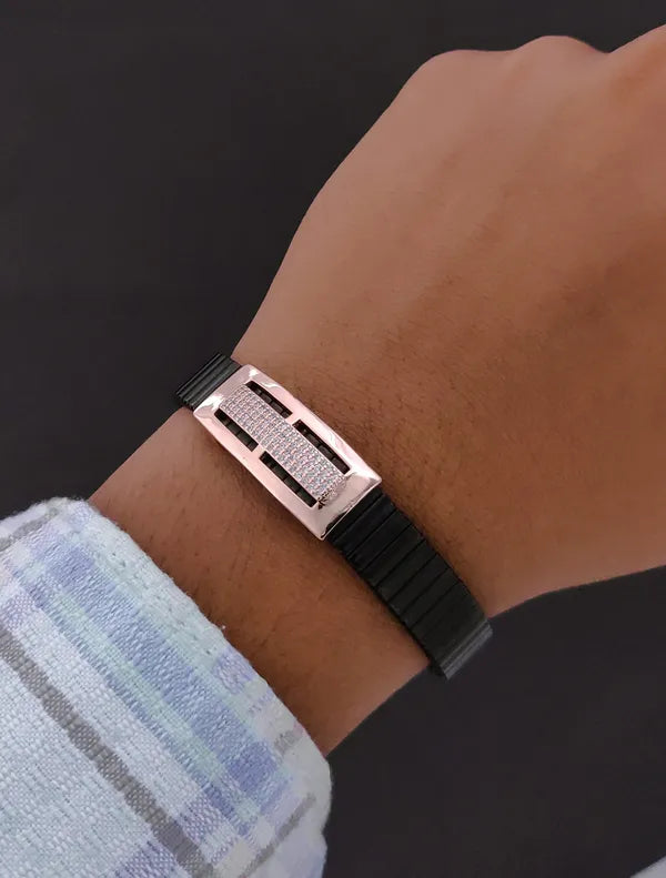 Mens Rose Gold Bar Bracelet Black Stretch Band with Cutout Design & Pave C
