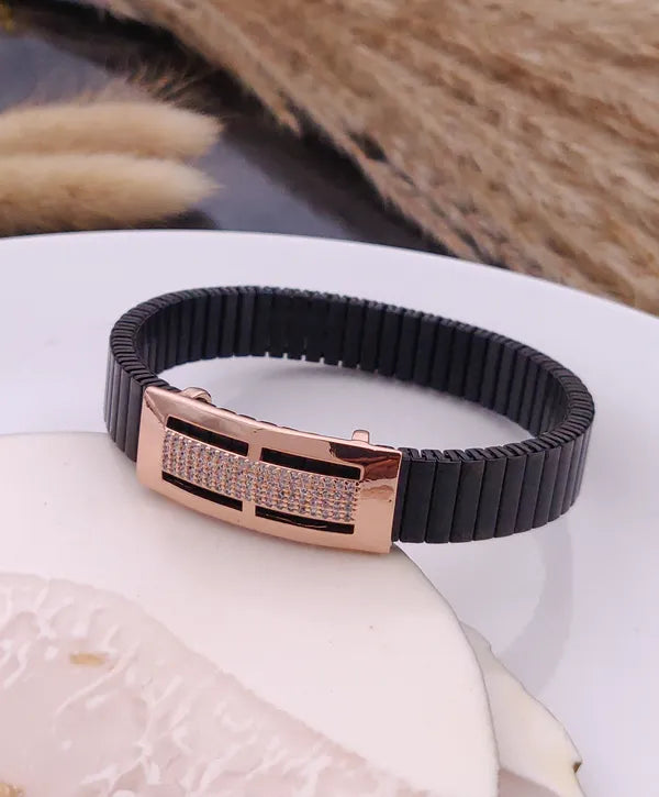 Mens Rose Gold Bar Bracelet Black Stretch Band with Cutout Design & Pave C