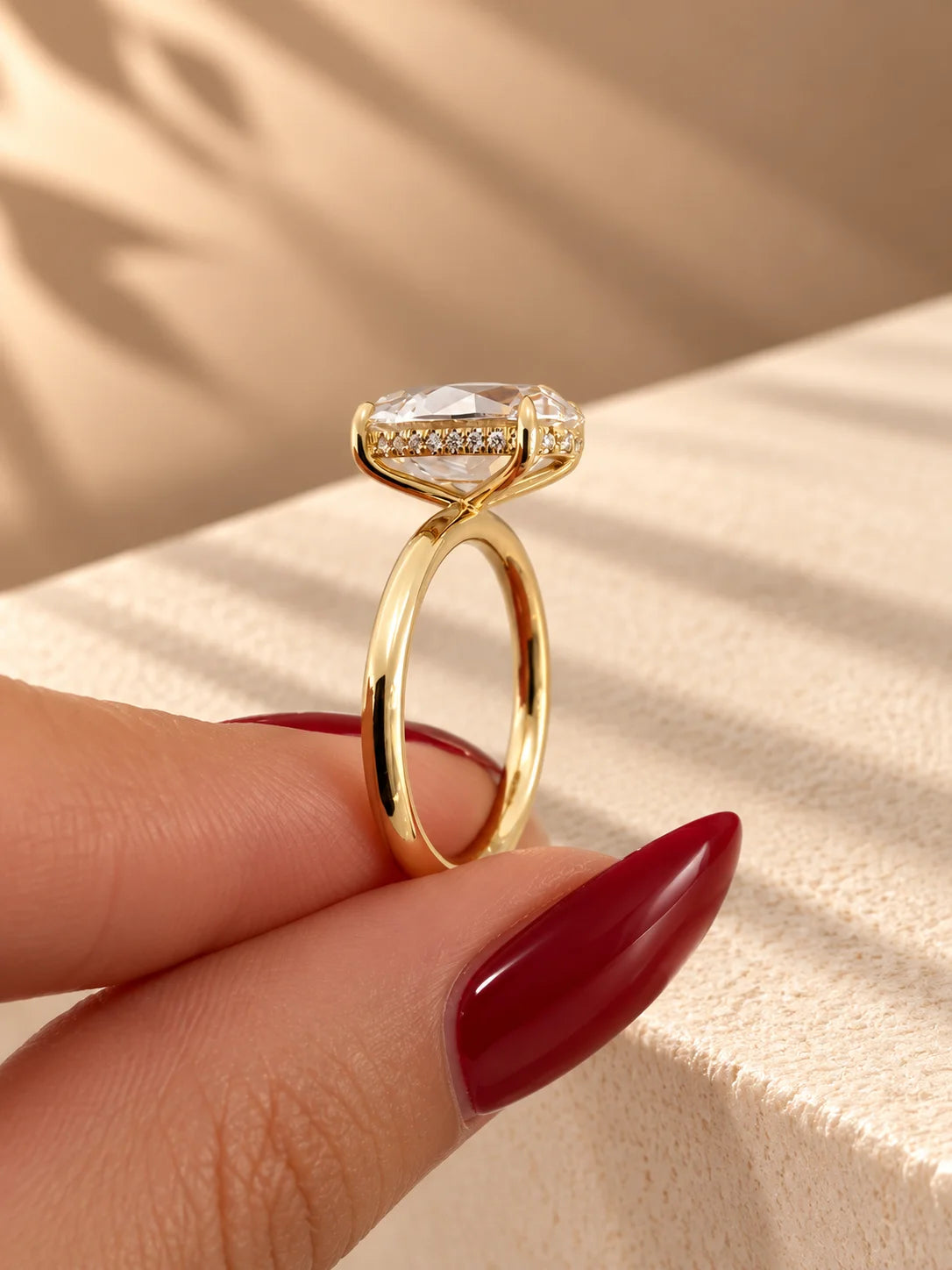 Common :: Antique Oval Hidden Halo engagement ring with polished 2mm band