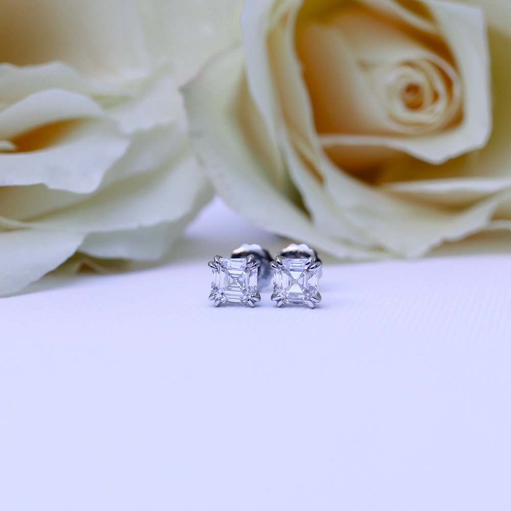 Asscher Lab Grown Diamond Double Prong Stud Solitaire Earrings, EF Color, VS Clarity, IGI Certified