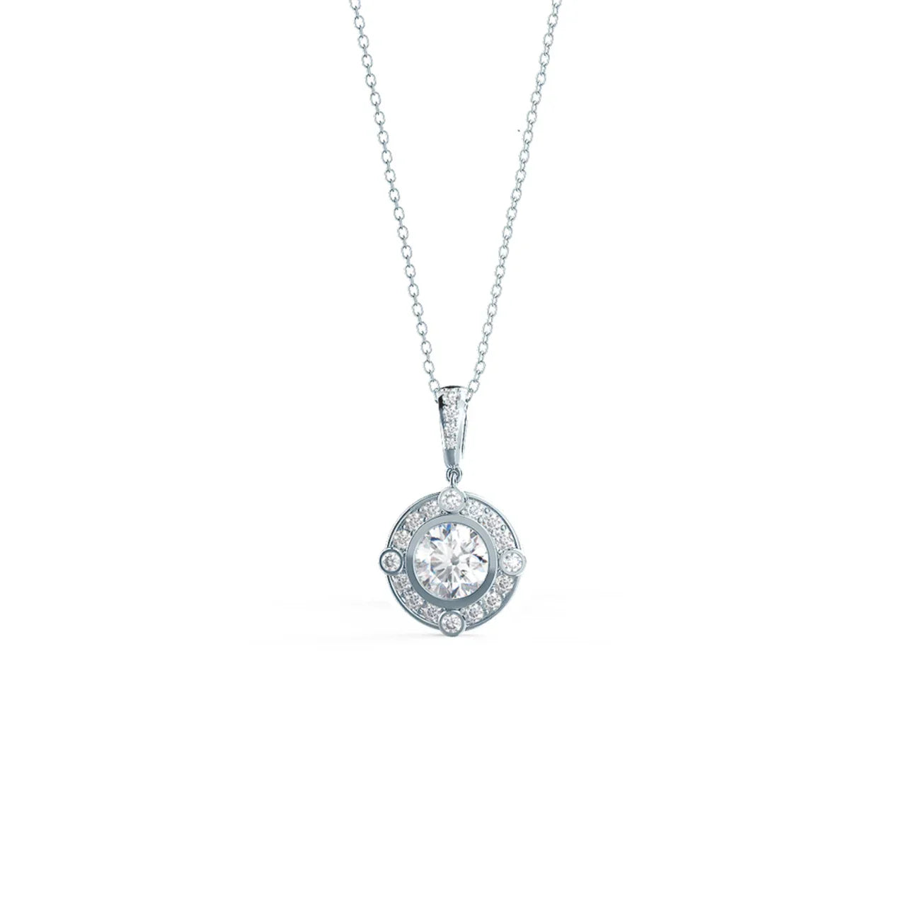 Round Lab Grown Diamond Bezel Set Halo Pendant With Chain, EF Color, VS Clarity, IGI Certified