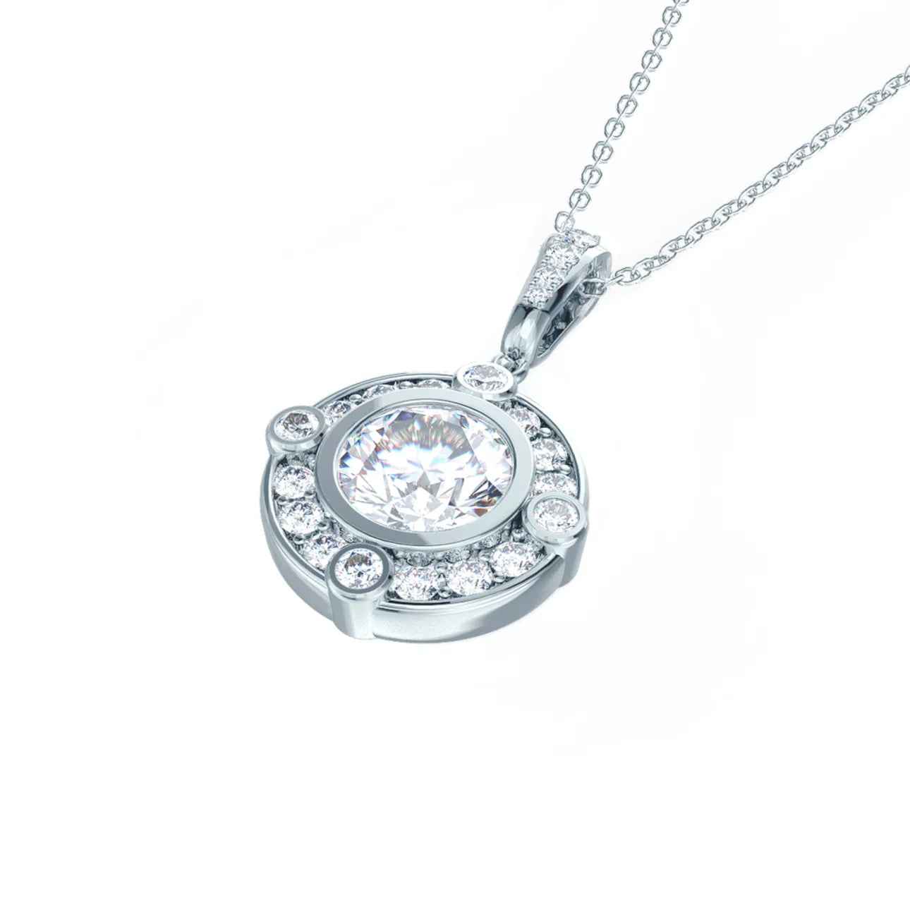 Round Lab Grown Diamond Bezel Set Halo Pendant With Chain, EF Color, VS Clarity, IGI Certified