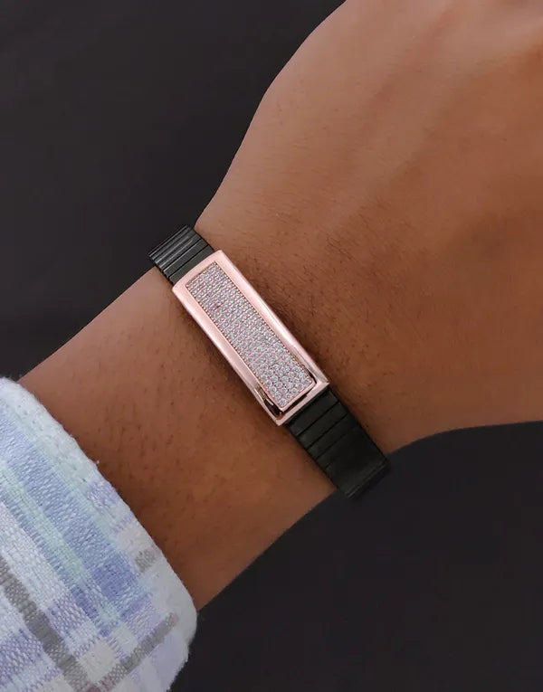 Mens Rose Gold Plated Bracelet Black Stretch Band with Pave Centerpiece