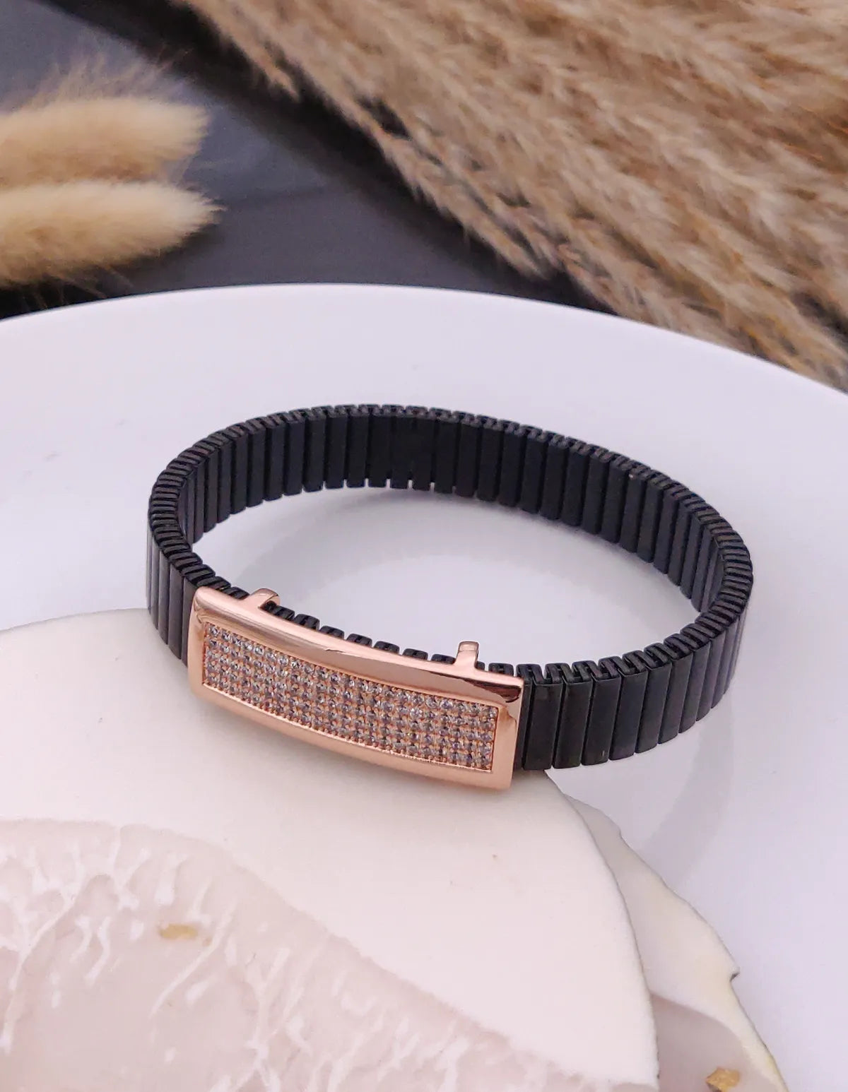 Mens Rose Gold Plated Bracelet Black Stretch Band with Pave Centerpiece
