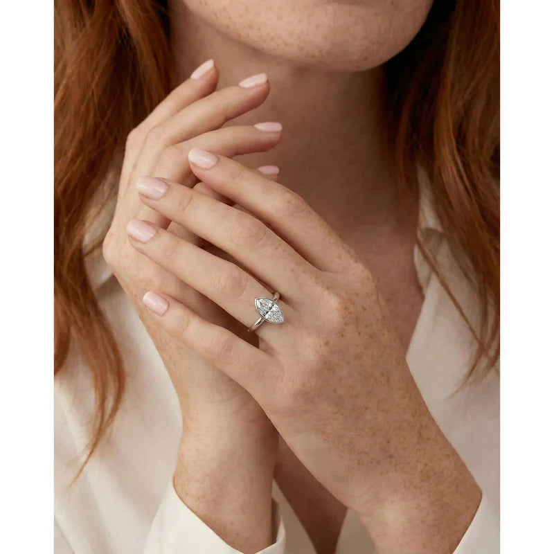 White :: Marquise cut lab diamond ring with bezel setting elegant engagement jewelry