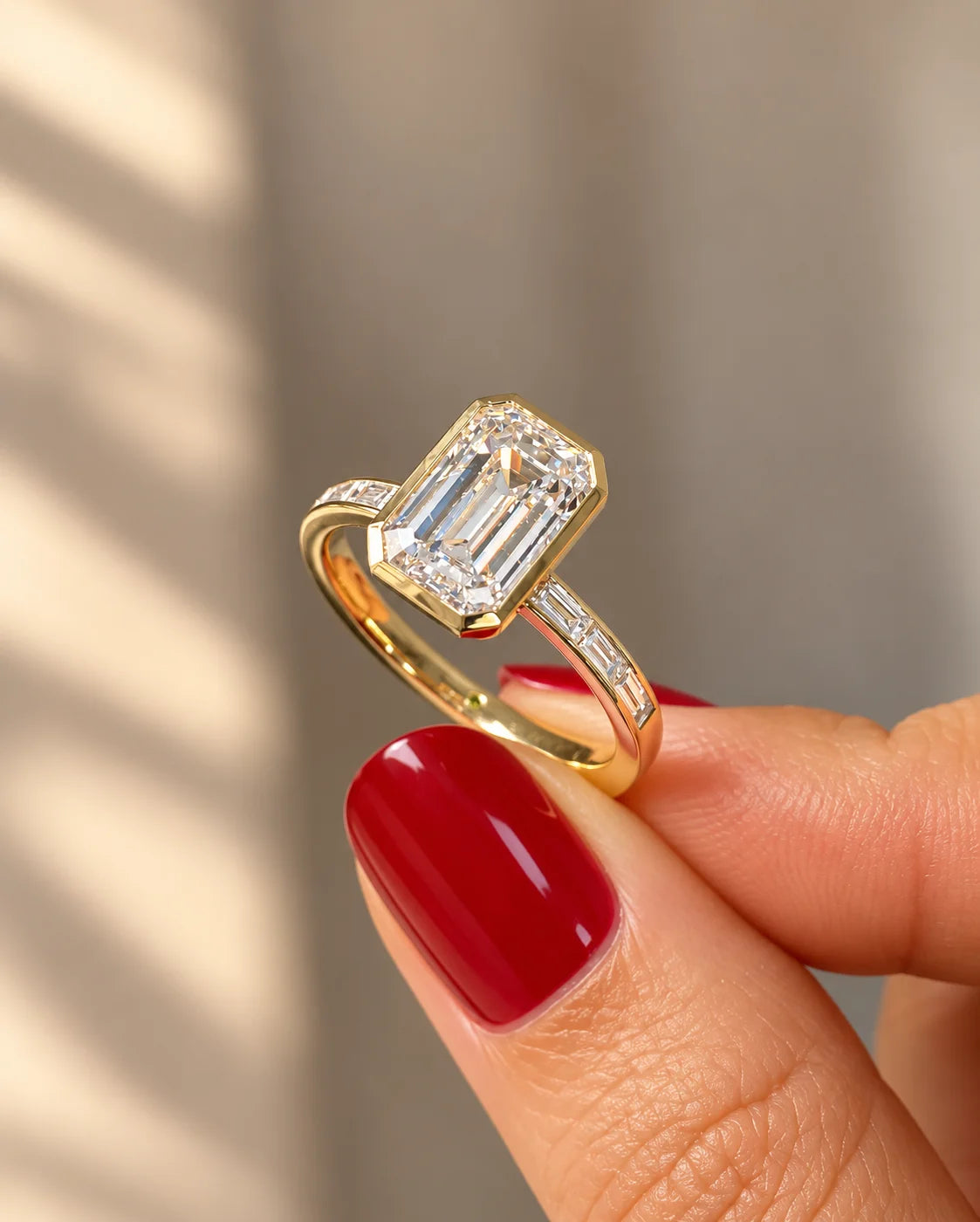 Common :: IGI certified 2CT Emerald Bezel Engagement Ring with Baguette diamonds

