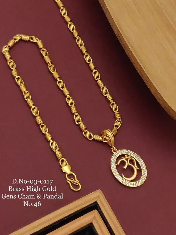 Om Design Stone Embedded Gold Plated Pendant Set With Chain For Men