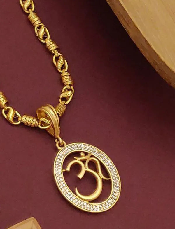 Om Design Stone Embedded Gold Plated Pendant Set With Chain For Men