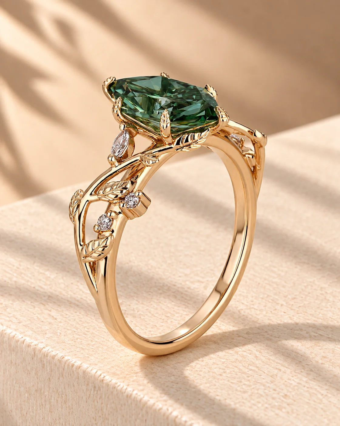 Common :: Green Marquise diamond ring with Marquise and Round accents