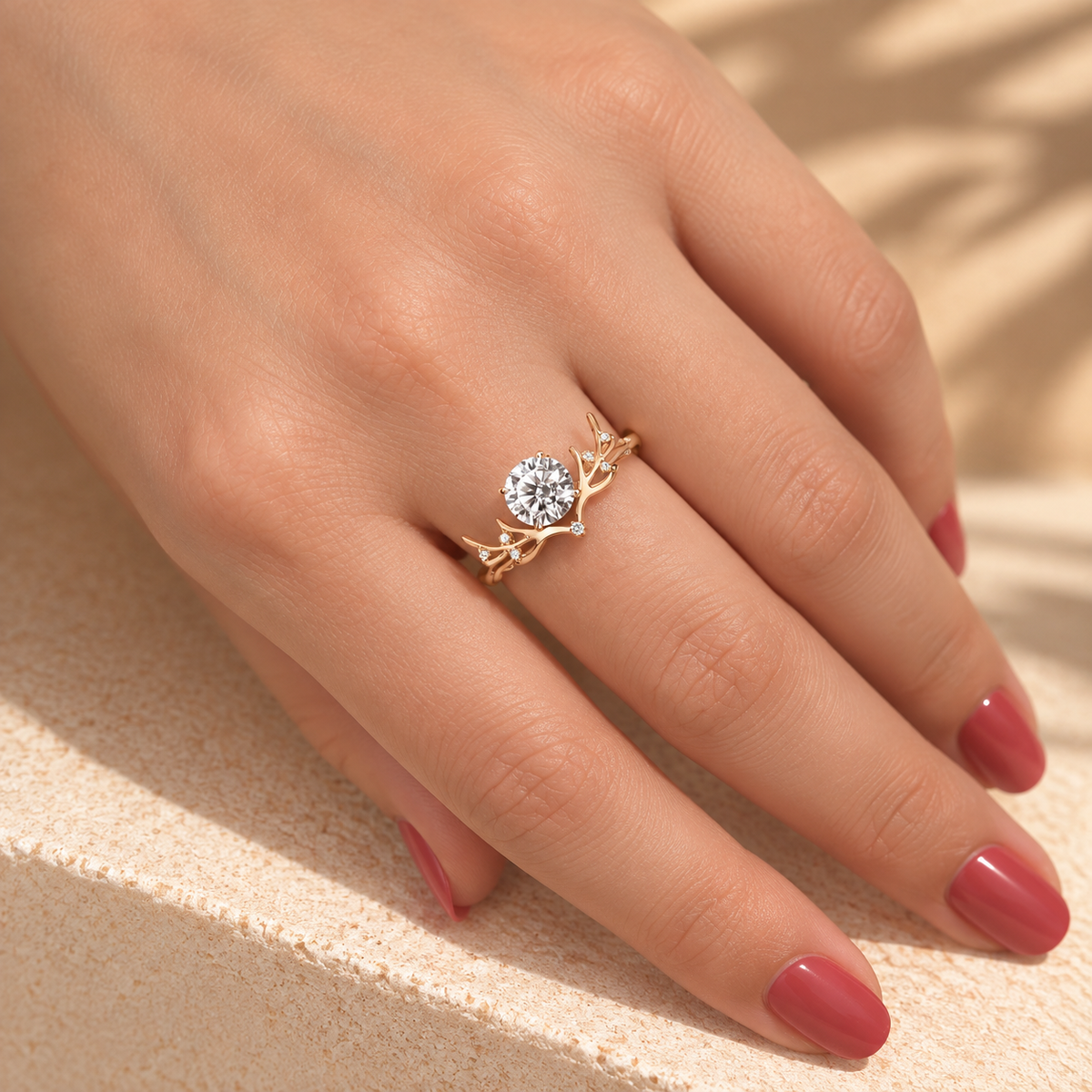 Common :: Nature inspired Round diamond engagement ring with refined 2mm band
