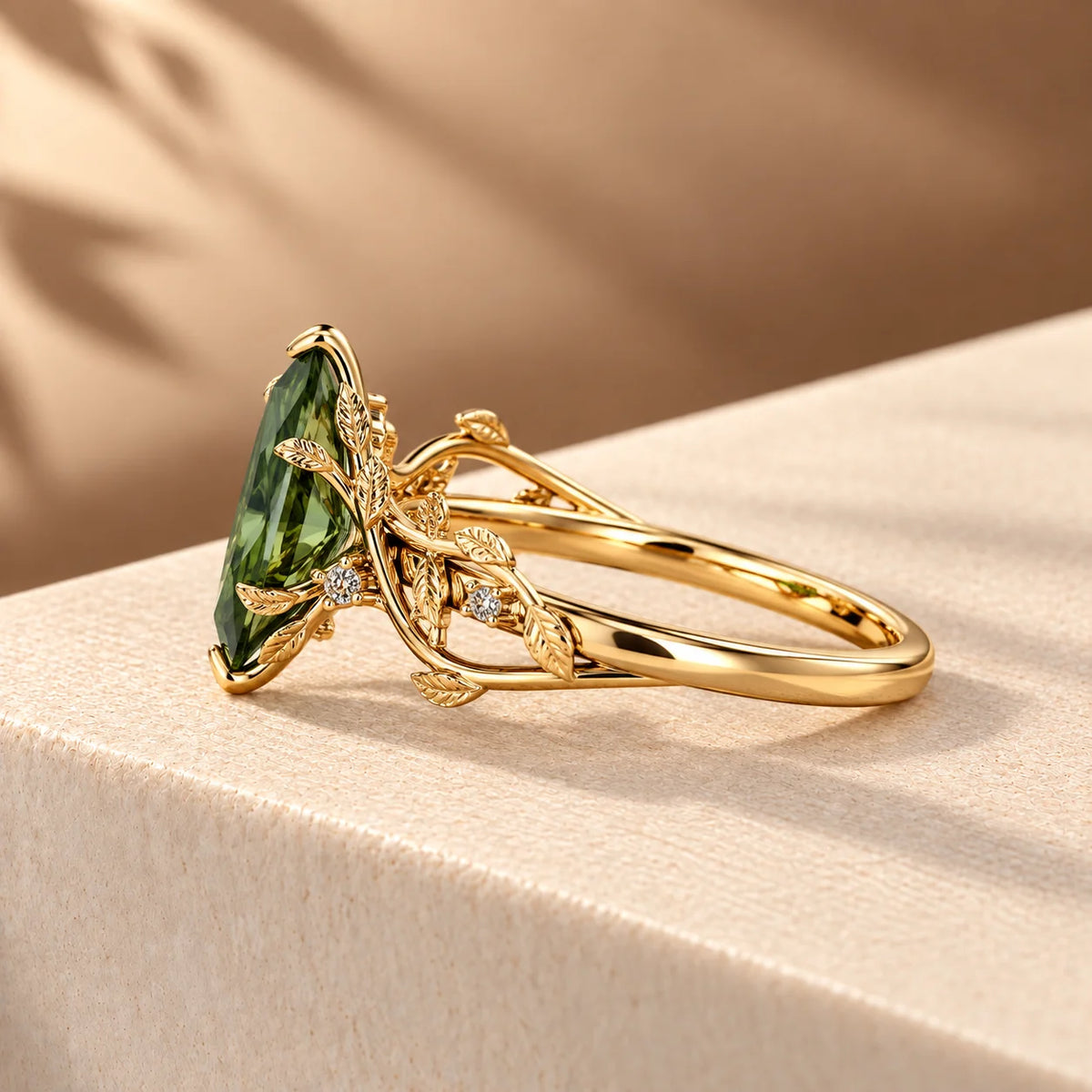 Common :: Green Marquise nature inspired ring with D E F diamond accents