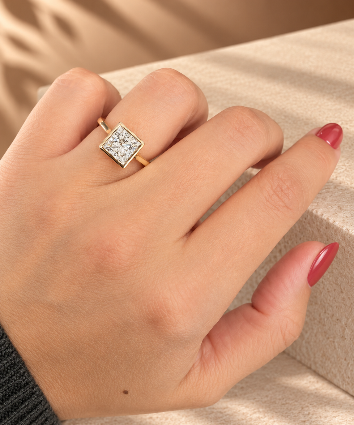 Common :: Princess Cut lab diamond bezel ring with refined 2mm band