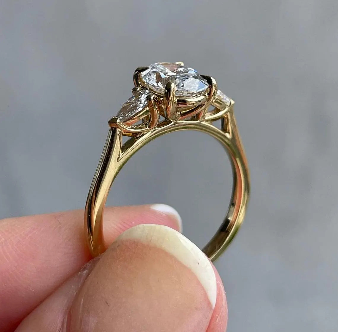 Oval 2.00tcw Lab Diamond Three Stone Ring with Pear Sides | IGI Certified | D-E-F VVS–VS