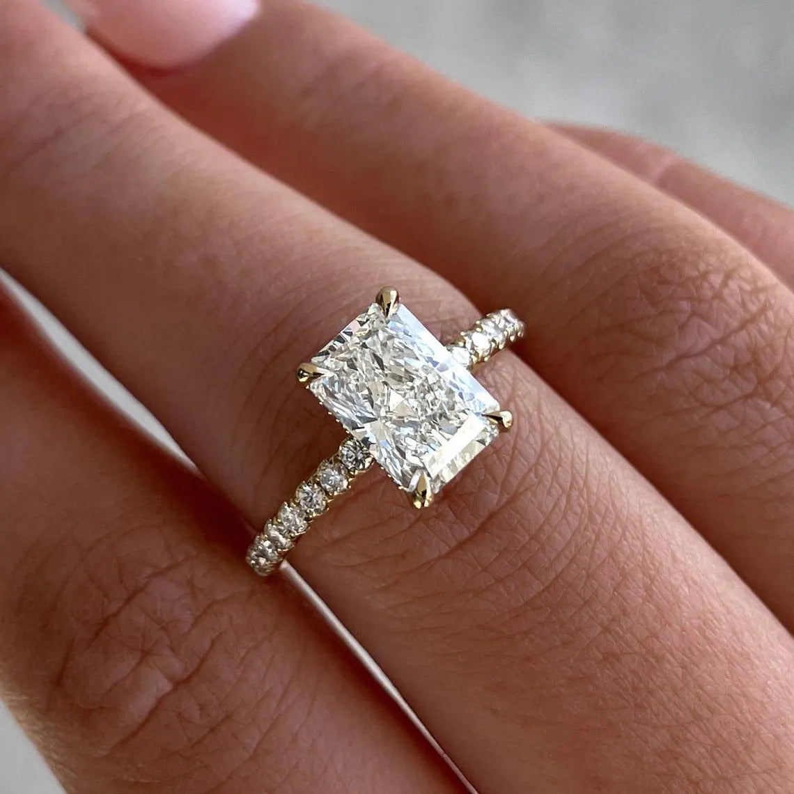 Radiant Cut 3.30tcw Lab Diamond Ring | IGI Certified | Hidden Halo & Yellow Gold Pave Band