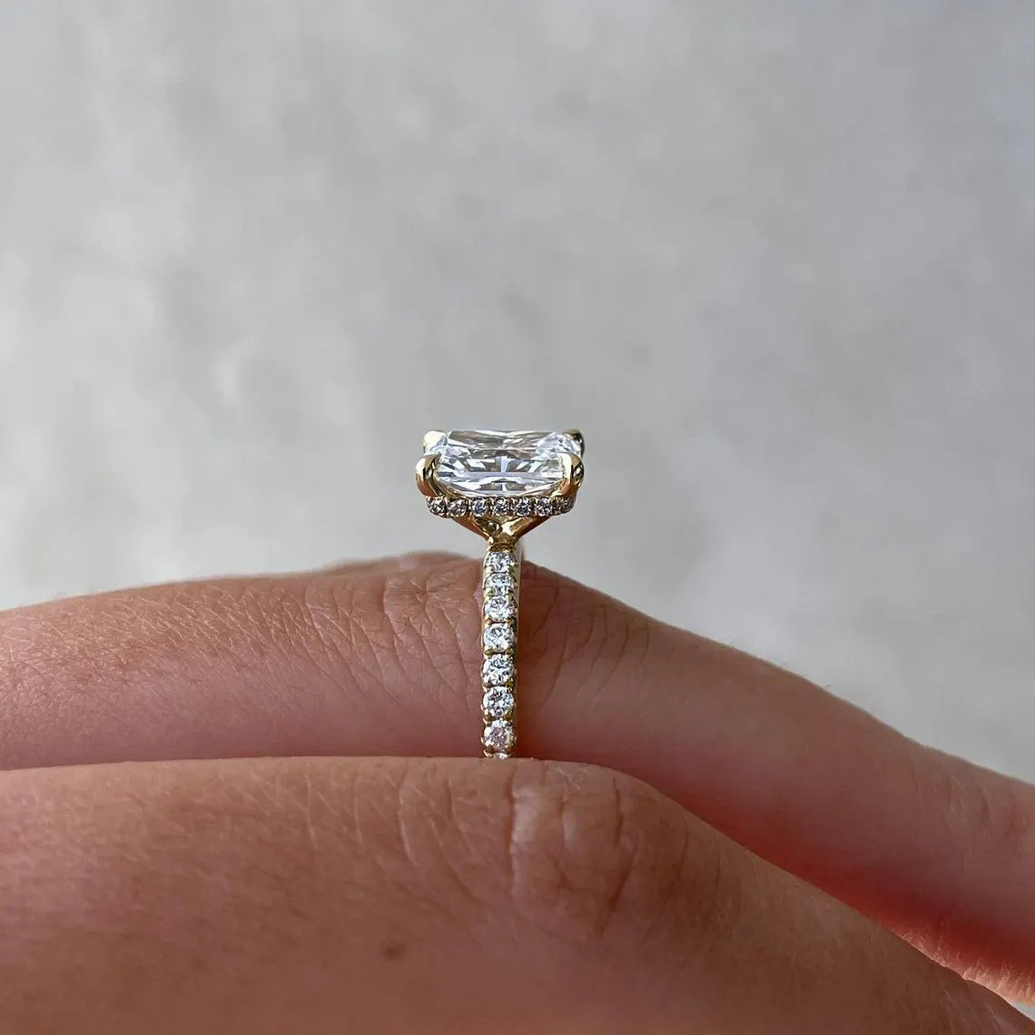 Radiant Cut 3.30tcw Lab Diamond Ring | IGI Certified | Hidden Halo & Yellow Gold Pave Band