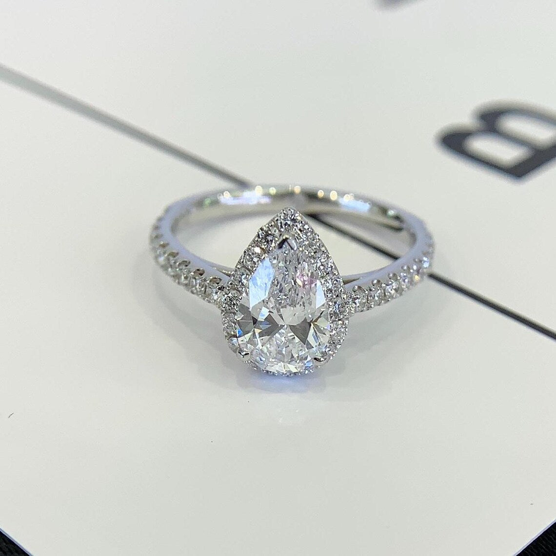Pear 2.00tcw Lab Diamond Halo Cathedral Ring | IGI Certified | DEF VVS–VS