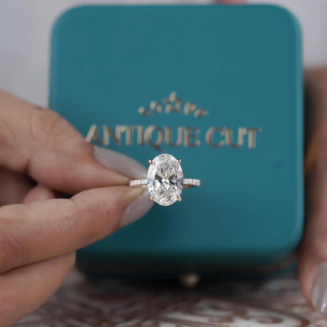 Oval Diamond Engagement Ring 5ct Center + 0.70ct Side Stones | Hidden Halo 14K Gold Setting