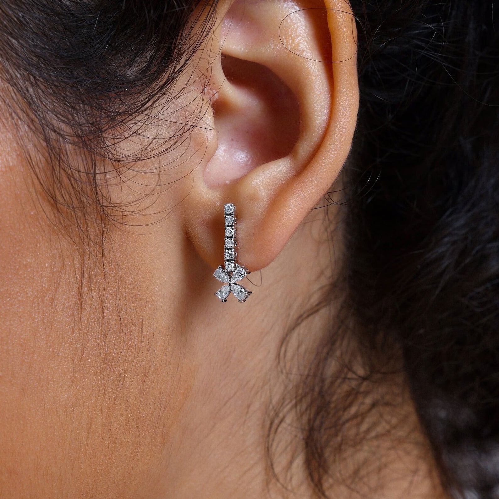 Pear And Round Lab Grown Diamond Floral Design Earring, EF Color, VS Clarity, IGI Certified