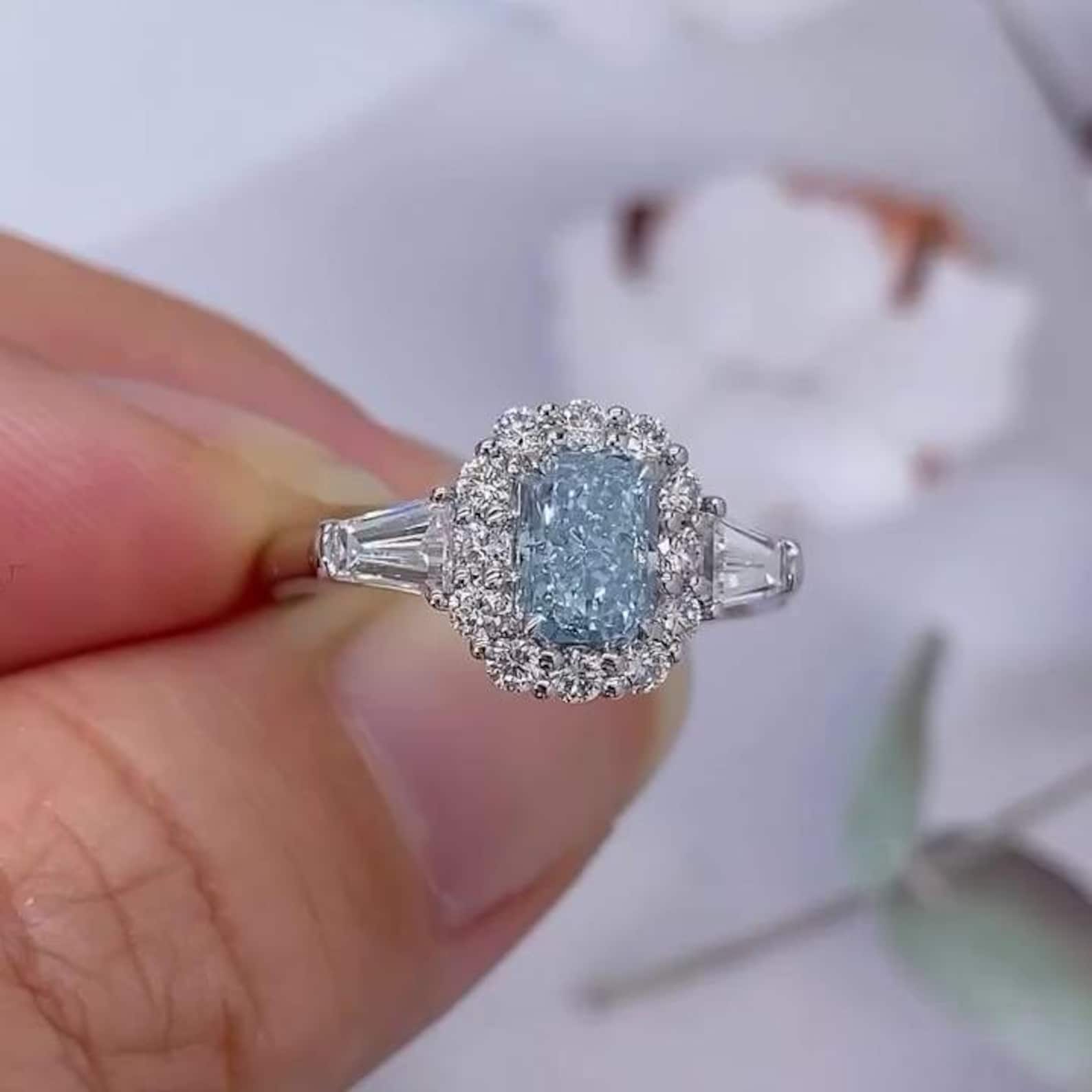 1.75tcw Radiant Fancy Blue Diamond Ring | Lab-Grown | Halo Three Stone | VVS-VS Clarity