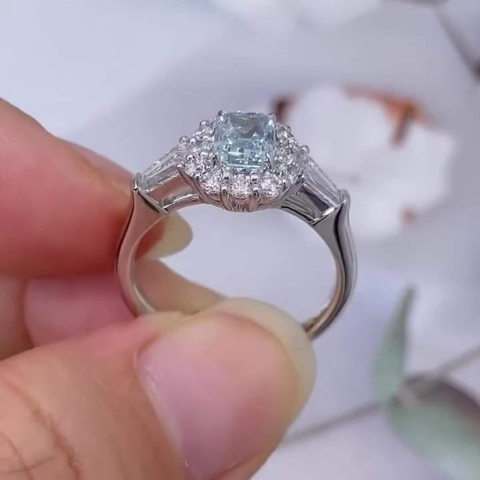 1.75tcw Radiant Fancy Blue Diamond Ring | Lab-Grown | Halo Three Stone | VVS-VS Clarity