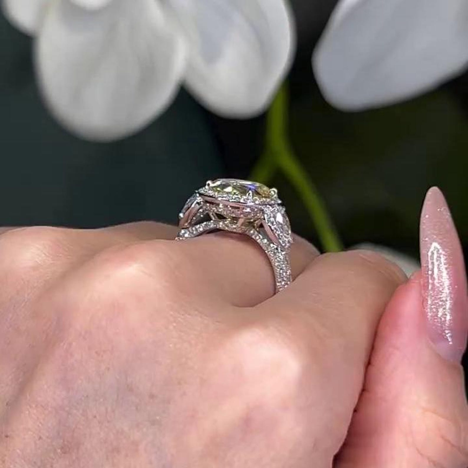 Oval Fancy Yellow 7.40tcw Lab Diamond Halo Three Stone Ring | IGI Certified VVS-VS Clarity