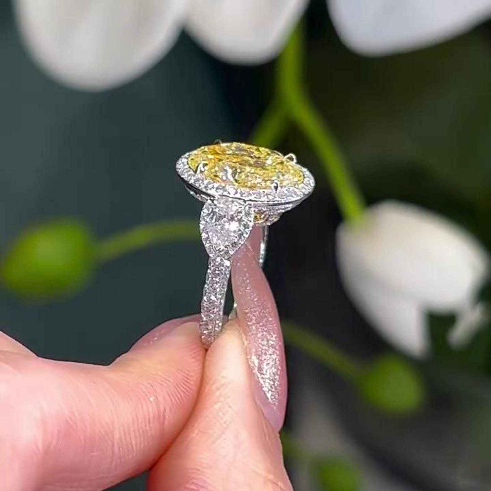 Oval Fancy Yellow 7.40tcw Lab Diamond Halo Three Stone Ring | IGI Certified VVS-VS Clarity