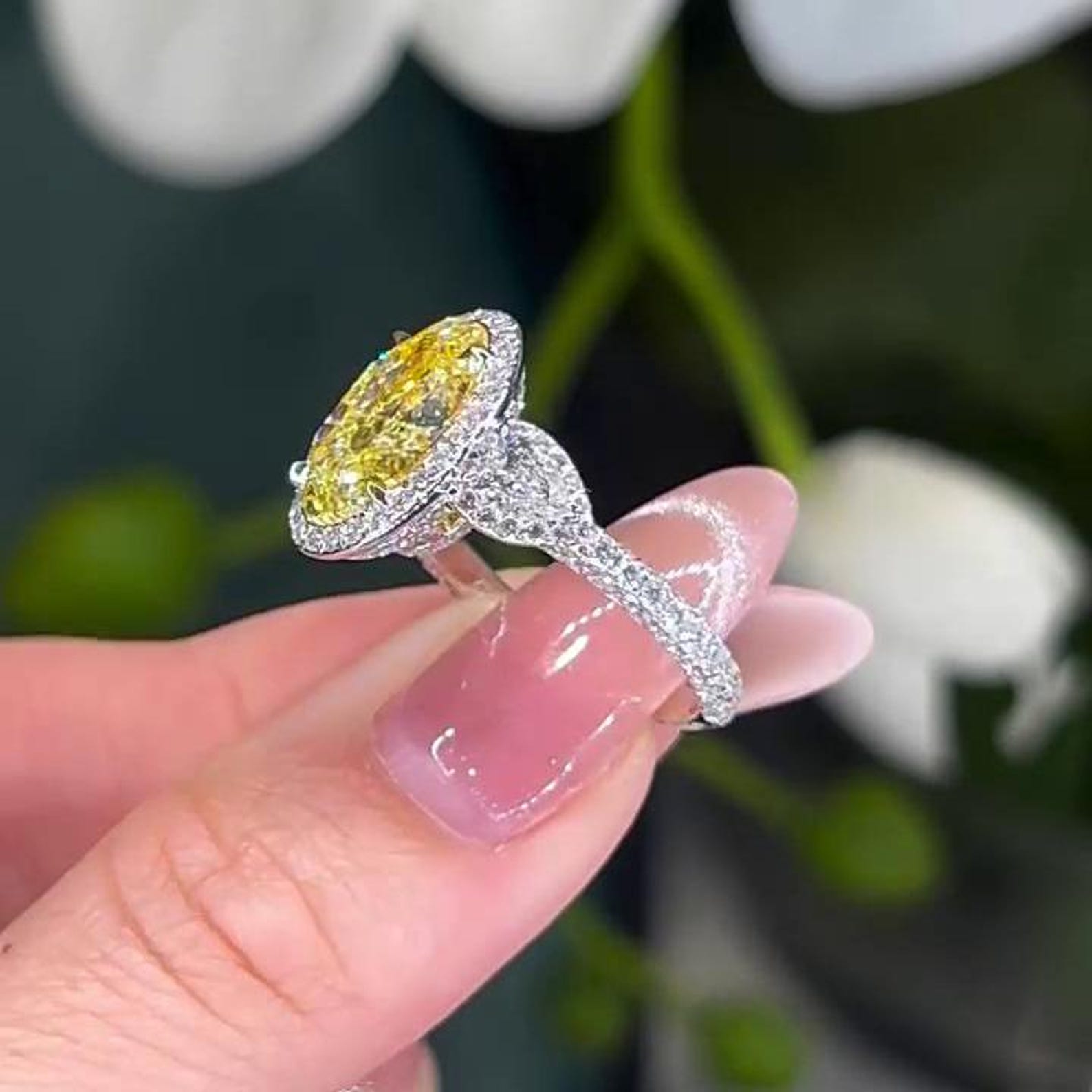 Oval Fancy Yellow 7.40tcw Lab Diamond Halo Three Stone Ring | IGI Certified VVS-VS Clarity