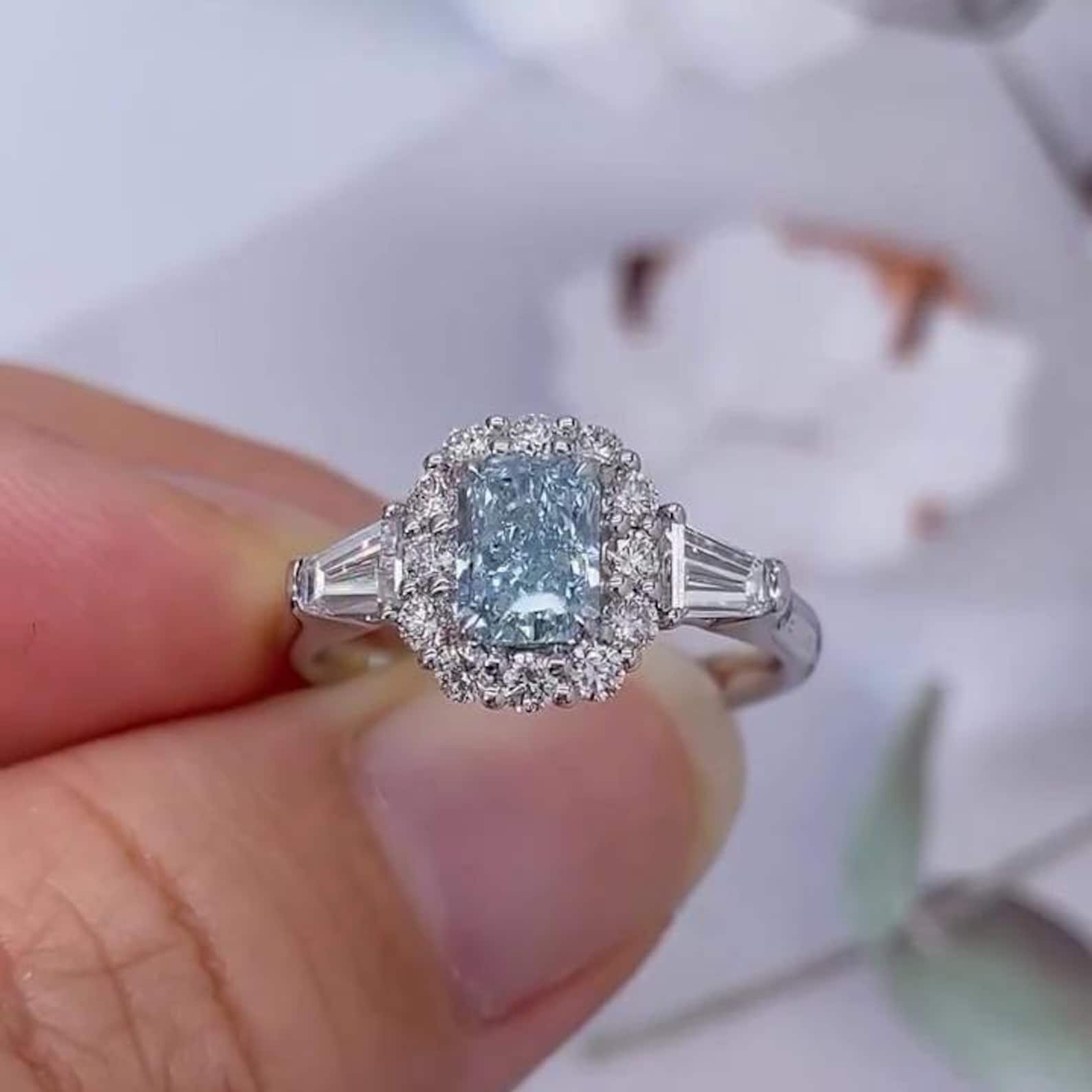 1.75tcw Radiant Fancy Blue Diamond Ring | Lab-Grown | Halo Three Stone | VVS-VS Clarity