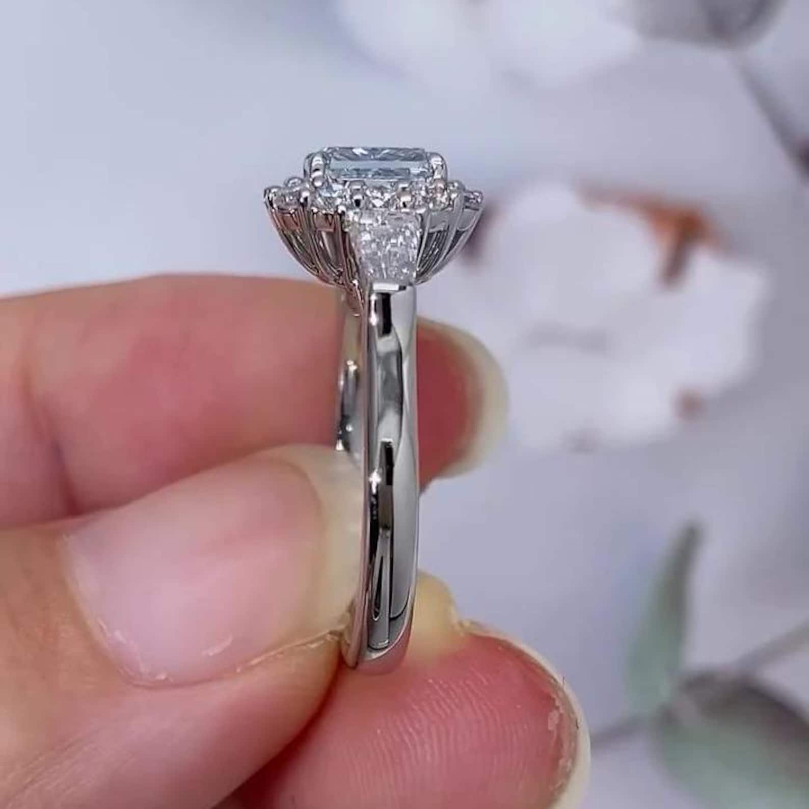 1.75tcw Radiant Fancy Blue Diamond Ring | Lab-Grown | Halo Three Stone | VVS-VS Clarity